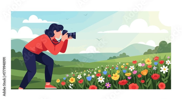 Obraz Modern Vector Illustration of Photographer Taking Picture in Nature Scene with Colorful Flowers and Sky