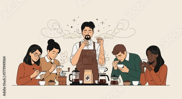 Obraz Minimalist Vector Illustration of Coffee Tasting Scene with Diverse People and Barista in Modern Style