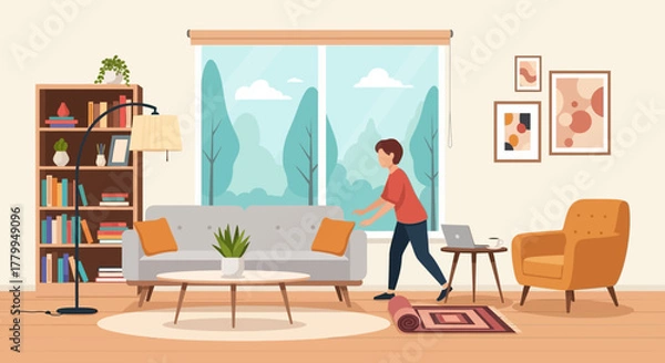 Obraz Modern Vector Illustration of Cozy Living Room Scene with Sofa Bookshelf and Window in Organic Style