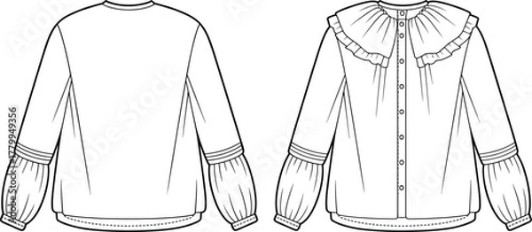 Obraz Women’s blouse sketch, fashion technical drawing, front and back view, ruffled collar, puff sleeves, button back, gathered cuff, garment illustration, apparel template, vector outline