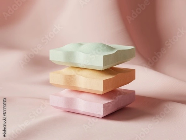 Fototapeta Three pastel star shaped soaps stacked elegantly on a soft pink fabric background
