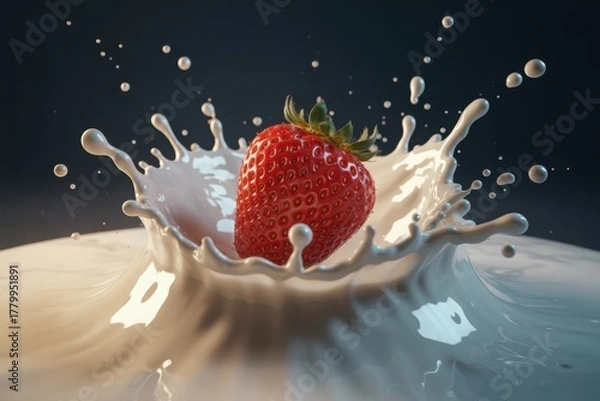 Fototapeta Juicy strawberry splashing into creamy milk creating dynamic droplets