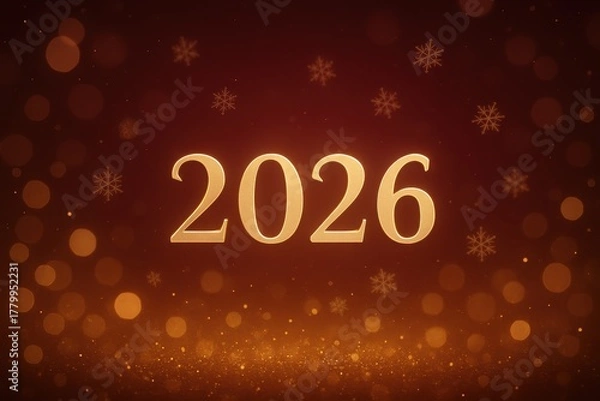 Fototapeta Festive holiday backdrop with sparkling lights snowflakes and 2026 typography in warm glow