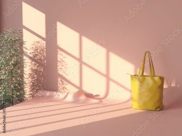 Fototapeta Yellow tote bag bathed in warm sunlight casting geometric shadows on a pink wall