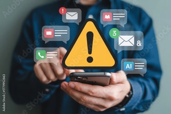Fototapeta Person holding smartphone with warning alert and notification bubbles concept