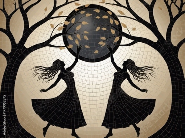 Fototapeta Silhouette of two women reaching for the moon in a mosaicstyle artwork