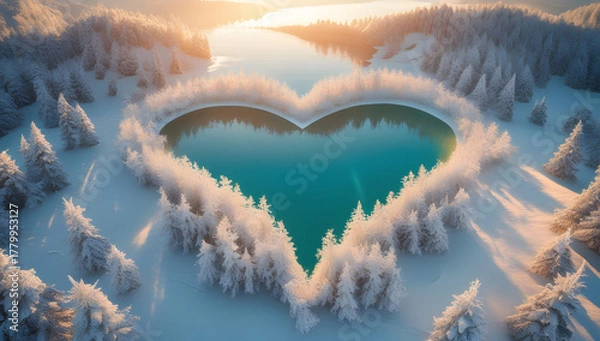 Obraz Heart-shaped lake surrounded by snow-covered trees a romantic winter landscape perfect for Valentines Day or seasonal greetings