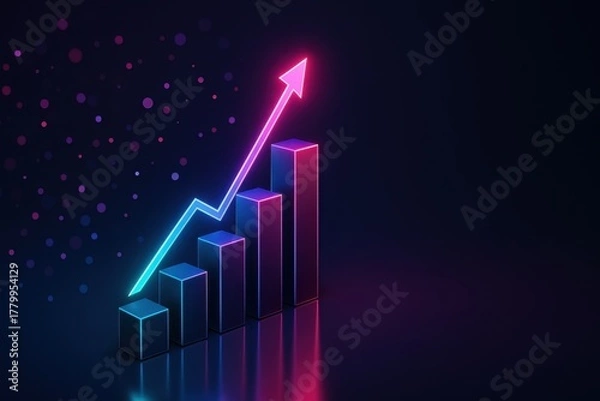 Fototapeta Rising 3D business chart with glowing bokeh lines on dark futuristic analytics stage