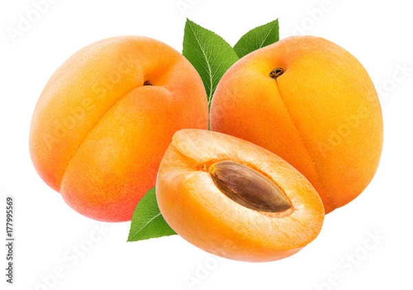 Fototapeta Fresh three apricots with leafs isolated on white background