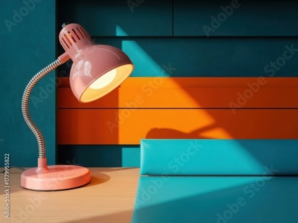 Fototapeta A pink desk lamp casts a warm glow on a colorful striped background