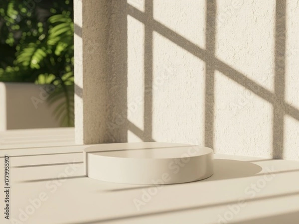 Fototapeta Minimalist product display pedestal bathed in soft sunlight and shadow patterns