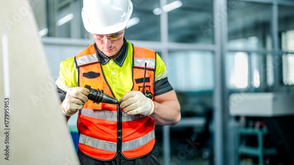 Fototapeta A technician in full PPE prepares for a shift in a smart factory cleanroom. He operates AI-driven industrial robots for high-tech microchip manufacturing.