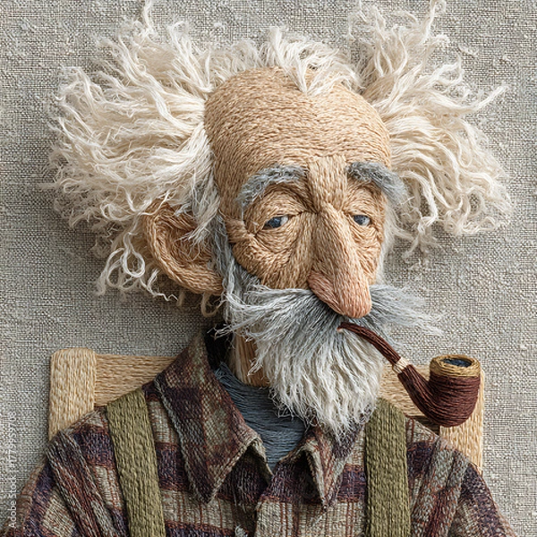 Obraz Embroidered Elderly Man with Pipe Textile Art
