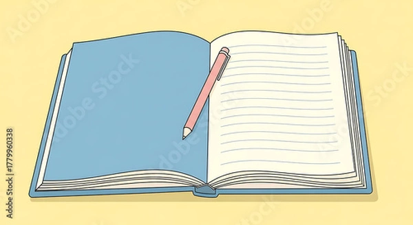 Obraz Open Notebook with Pen on a Yellow Background, Illustrative View for Education or Writing