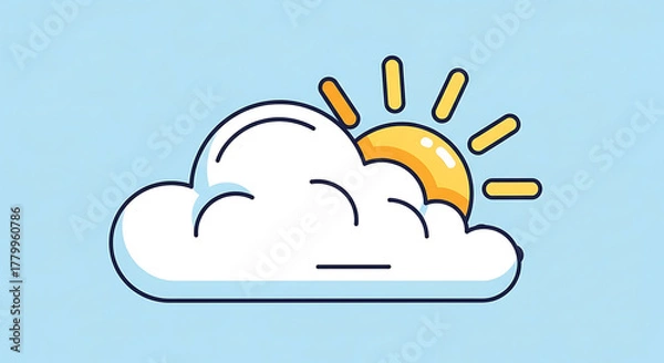 Obraz Sunny weather icon, representing a bright and clear day with a cheerful sun peeking from behind a fluffy cloud, perfect for weather forecasts and nature themes