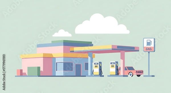 Obraz Colorful vector illustration of a gas station with a car at the fuel pump. Modern flat design concept for automotive services and travel