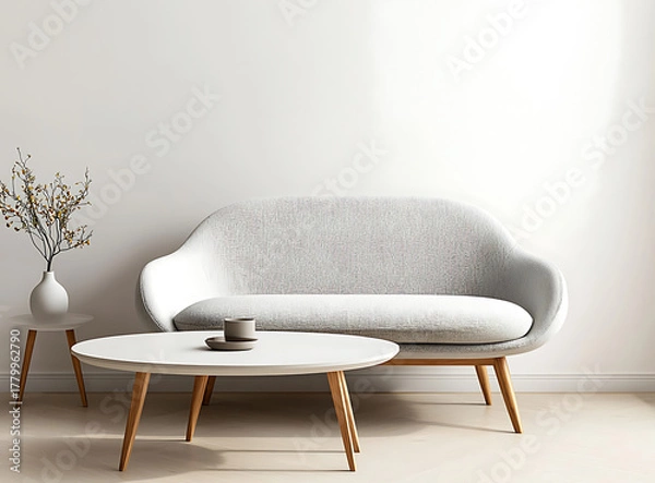 Fototapeta Modern grey sofa and white coffee table create stylish living room setting, complemented by decorative vase and minimalistic decor