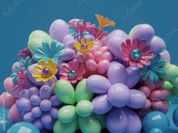 Fototapeta Colorful balloon flower arrangement with pastel shades on a blue backdrop