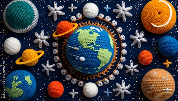 Fototapeta Handmade crochet solar system featuring planets stars and Earth a whimsical and educational display
