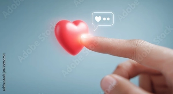 Obraz Finger touching red heart icon with glowing effect representing social media interaction and digital emotion.