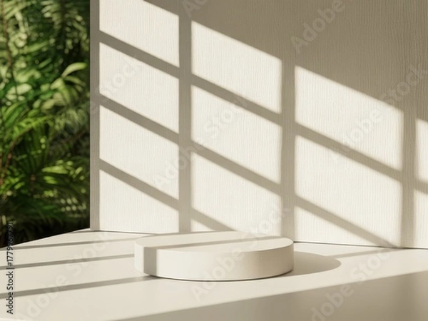 Fototapeta Minimalist display podium bathed in natural light with dappled shadows from foliage