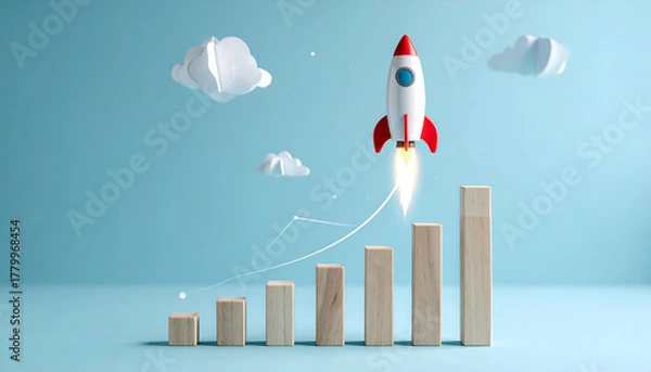 Fototapeta Rocket icon soaring above increasing bars and trend line, concept of success, ambition and accelerated development.