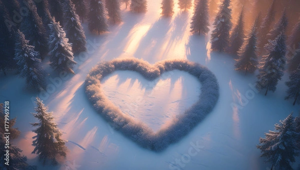 Obraz Snowy heart shape in a winter forest clearing created with snow symbolizing love and romance in a serene cold environment