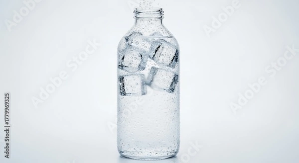Fototapeta Clear glass bottle filled with ice cubes and water on a plain white background.