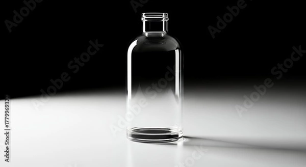 Fototapeta Clear Glass Bottle on a White Surface with a Dark Background, Minimalist Studio Shot.