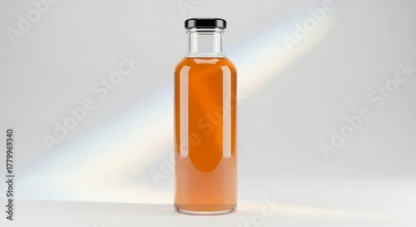 Fototapeta Clear Glass Bottle with Amber Liquid and Black Cap on White Background.