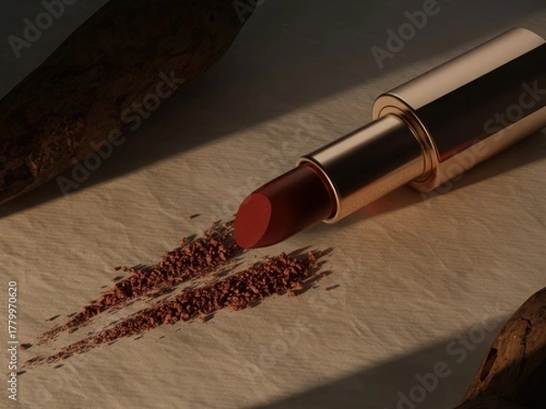 Fototapeta Luxury lipstick swatch showing rich red pigment and elegant gold casing for makeup artistry