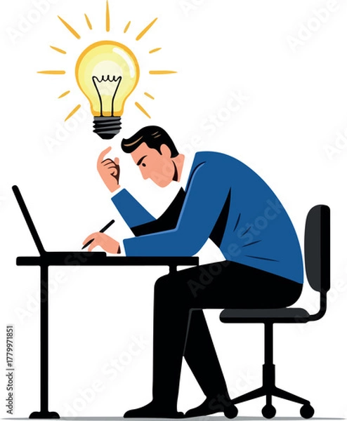 Obraz Man Thinking At Desk Light Bulb Idea Flat Design