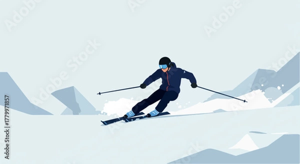 Fototapeta Man Skiing Down Snowy Mountain Slope In Minimalist Style