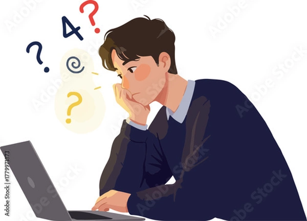 Obraz Man Thinking About Question Marks Above Laptop Dark Blue Sweater