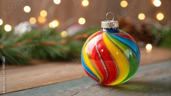 Fototapeta Colorful swirling christmas ornament on a rustic wooden background