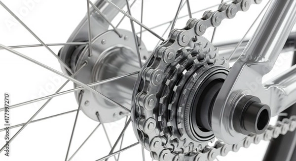 Fototapeta Close up of a bicycle chain and gears on a white background.