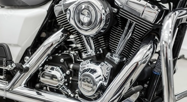 Fototapeta Close up of a motorcycle engine with chrome details and a bright finish