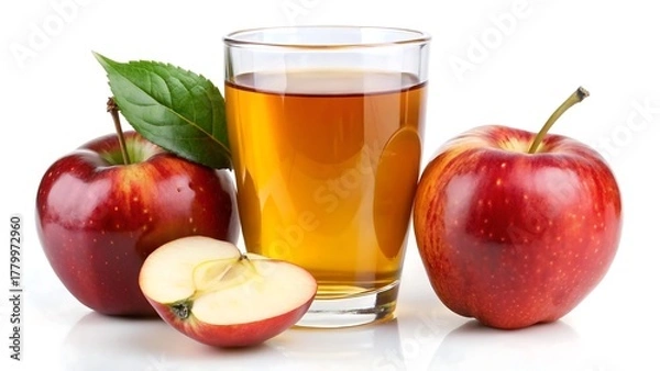 Fototapeta Fresh apple juice in a glass with whole and sliced apples isolated on white background