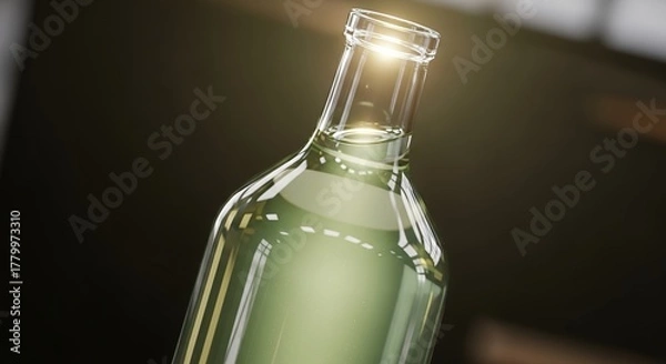 Fototapeta Close-up of a clear glass bottle filled with a light green liquid, illuminated from behind, creating a glowing effect at the bottles neck.