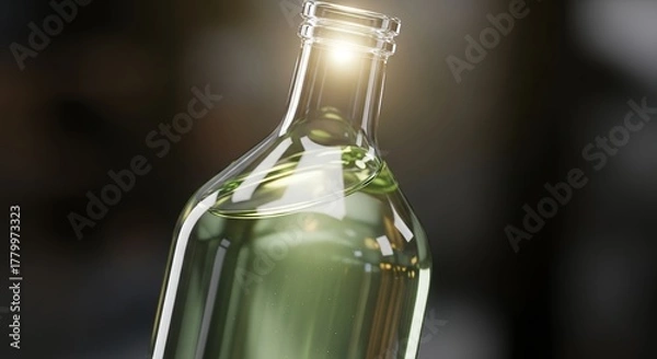 Fototapeta Close-up of a clear glass bottle with a bright light shining from its opening, creating a luminous effect.
