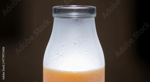 Fototapeta Close-up of a frosted glass bottle containing a refreshing orange beverage, highlighting its cool and inviting appearance.
