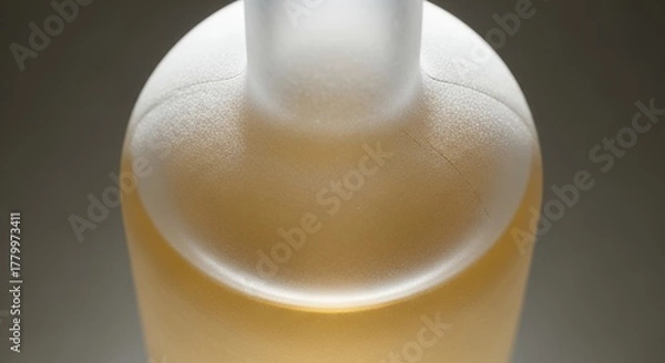 Fototapeta Close-up of a frosted glass bottle filled with a light amber liquid, showcasing its smooth texture and the subtle glow of the contents.