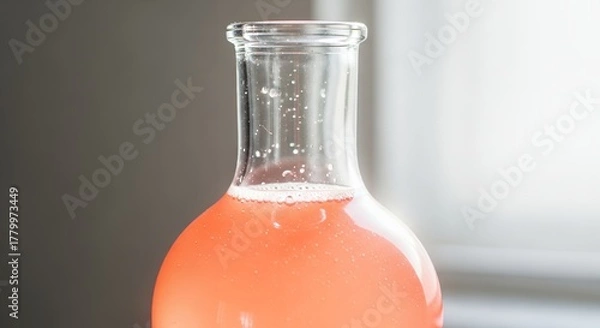 Fototapeta Close-up of a glass bottle filled with a refreshing pink beverage, showcasing its vibrant color and delicate bubbles.