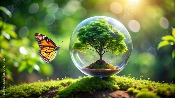 Fototapeta A vibrant butterfly approaches a glass sphere containing a lush tree