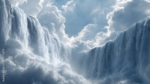 Obraz 美しい空の雲の中にある滝の空想風景
