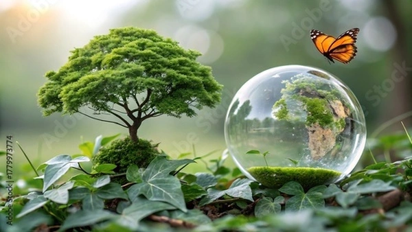 Fototapeta A vibrant butterfly approaches a glass sphere containing a lush tree