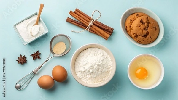 Fototapeta Baking ingredients arranged on a blue textured surface, overhead view