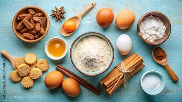 Fototapeta Baking ingredients arranged on a blue textured surface, overhead view