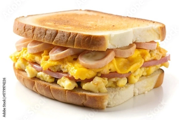 Fototapeta Scrambled egg sandwich with ham and cheese isolated on white background