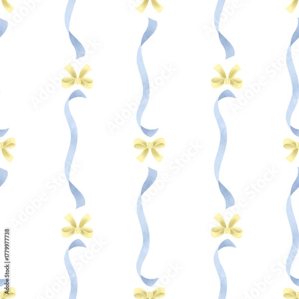 Fototapeta Seamless pattern with blue ribbons and yellow bows, handdrawn in watercolor on a white background Decorative element pastel tones for festive designs